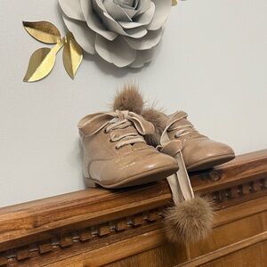 Lamo Tan Kids Dress Shoes with Pom-Poms